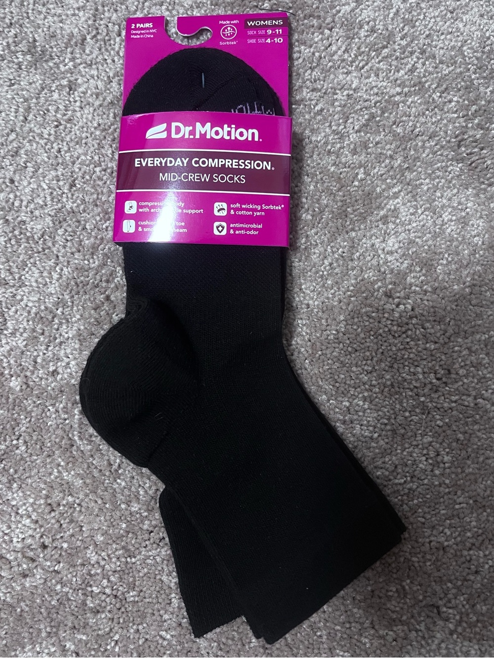NEW Dr. motion everyday compression sock mid crew socks 2 pairs  size: 9-11